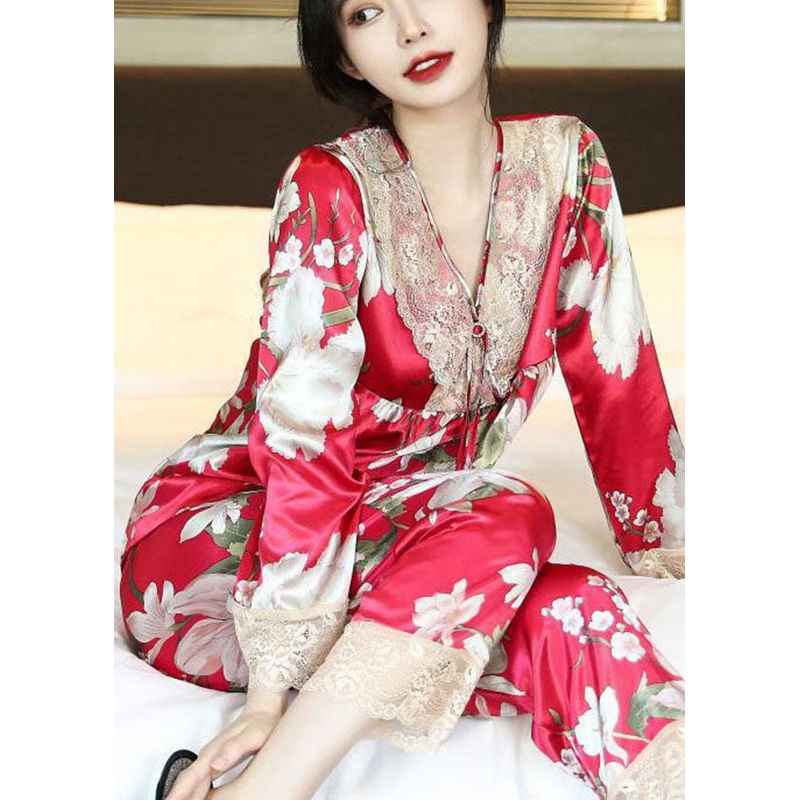 Style Red Oversized Patchwork Lace Ice Silk Pajamas Two Pieces Set Spring
