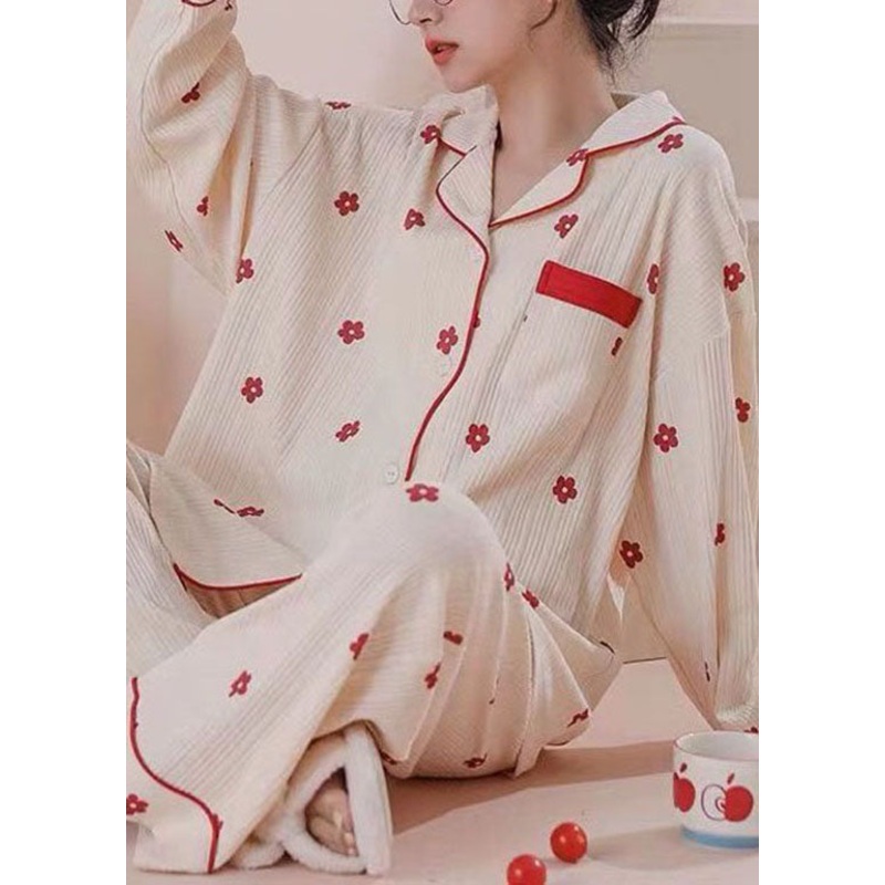 Stylish Beige Patchwork Floral Cotton Pajamas Women Sets Spring