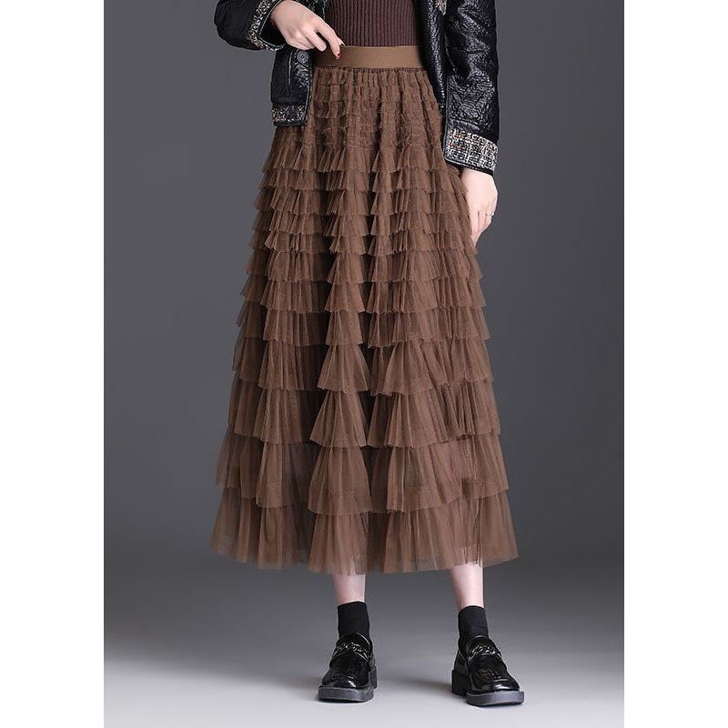 Stylish Coffee Ruffled Layered Patchwork Tulle Skirt Spring