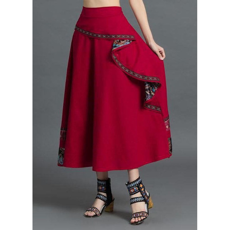 Stylish Red Wrinkled Asymmetrical Design Patchwork Cotton Skirt Spring