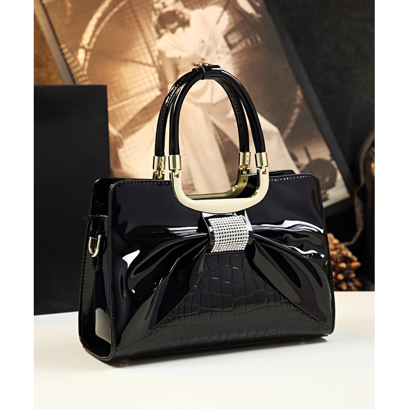 Stylish Versatile Black Bow Calf Leather Tote Handbag
