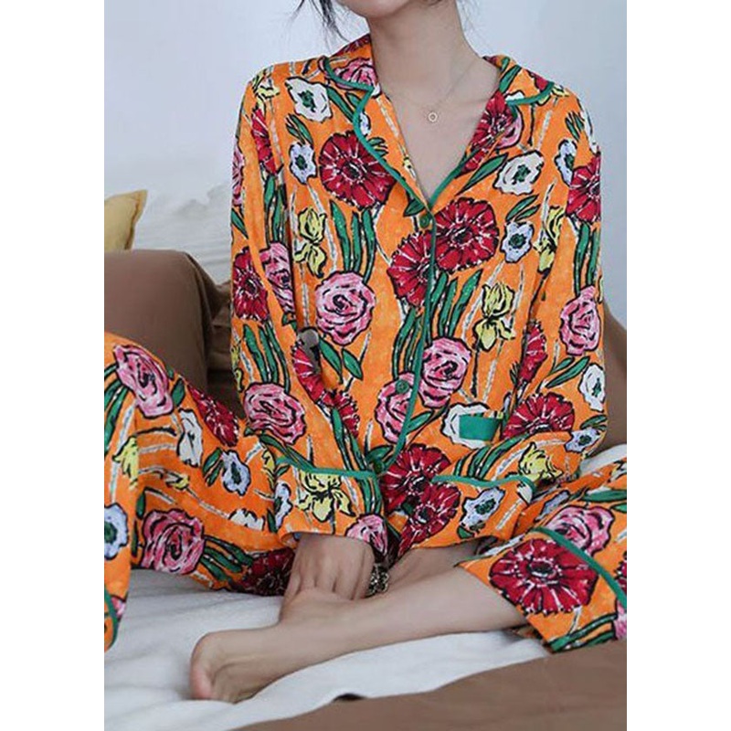 Stylish Yellow Patchwork Print Ice Silk Pajamas Two Pieces Set Spring
