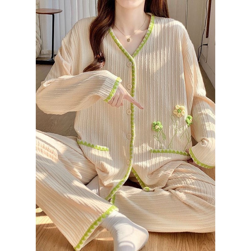 Unique Apricot V Neck Patchwork Floral Cotton Pajamas Two Pieces Set Spring