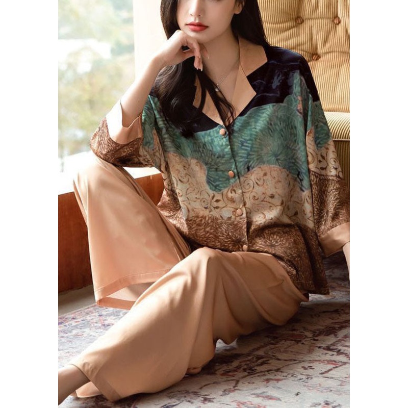 Unique Khaki Notched Collar Print Ice Silk Pajamas Two Pieces Set Bracelet Sleeve