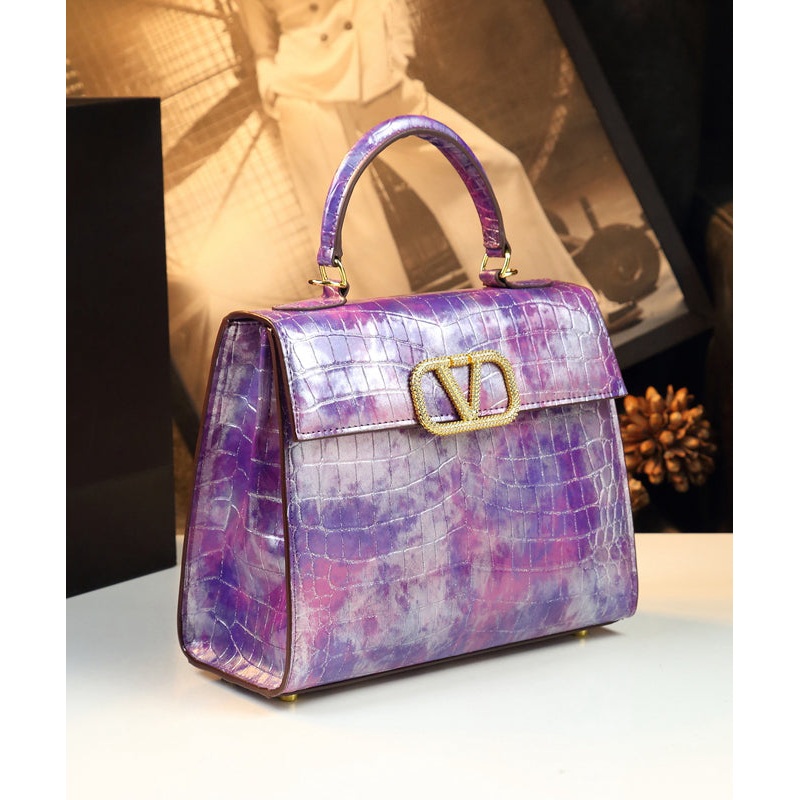 Unique Purple Embossed Solid Durable Calf Leather Tote Handbag