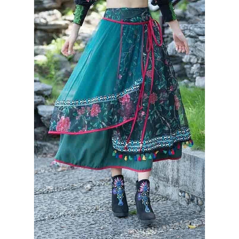 Vintage Green Wrinkled Embroidered Patchwork Cotton Skirts Spring