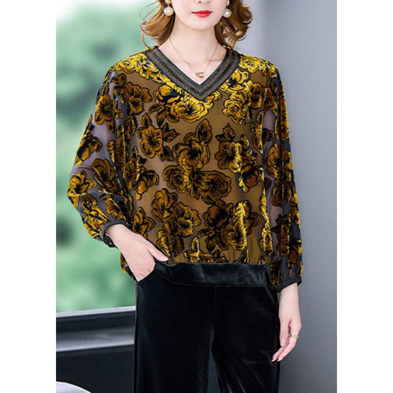 Vintage Orange O-Neck Print Lace Patchwork Tulle Top Long Sleeve