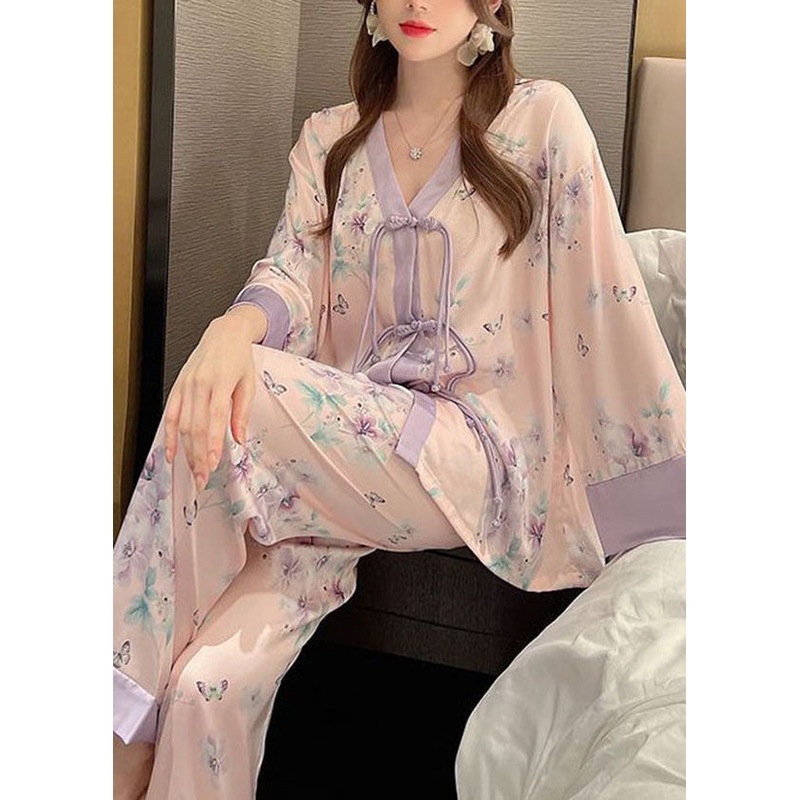 Vintage Purple Tasseled Patchwork Ice Silk Pajamas Two Pieces Set Spring