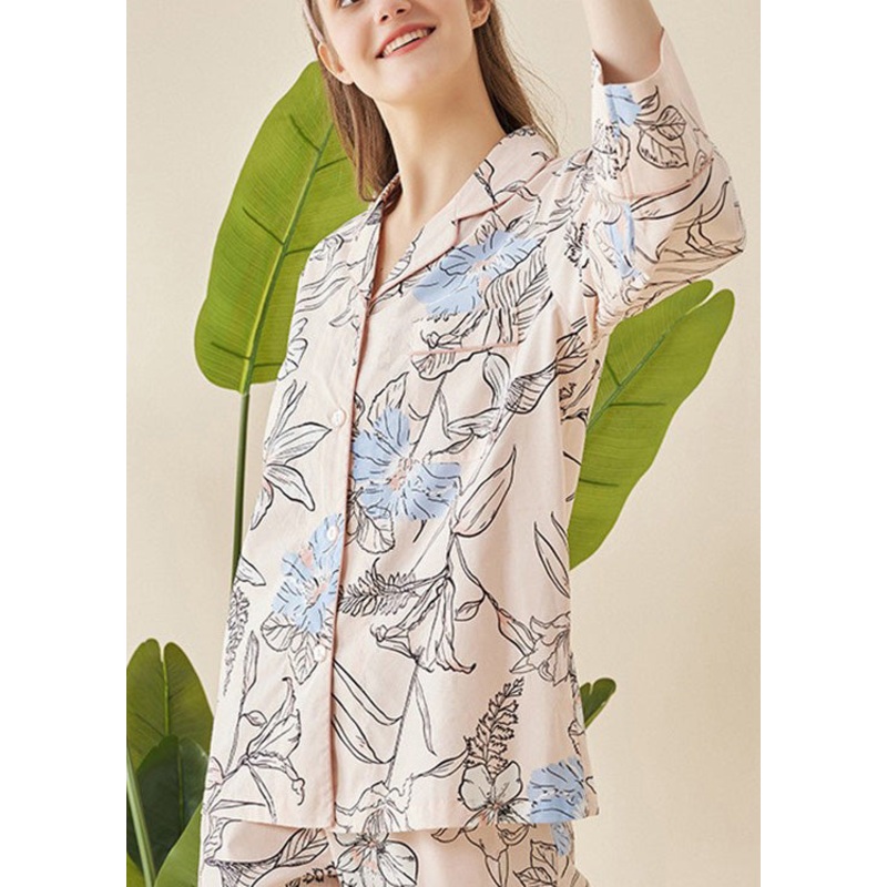 Vogue Pink Peter Pan Collar Print Button Ice Silk Two Pieces Set Spring