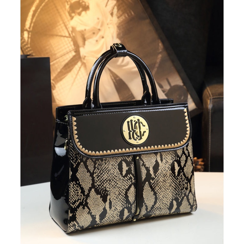 Women Black Embroideried Large Capacity Calf Leather Tote Handbag