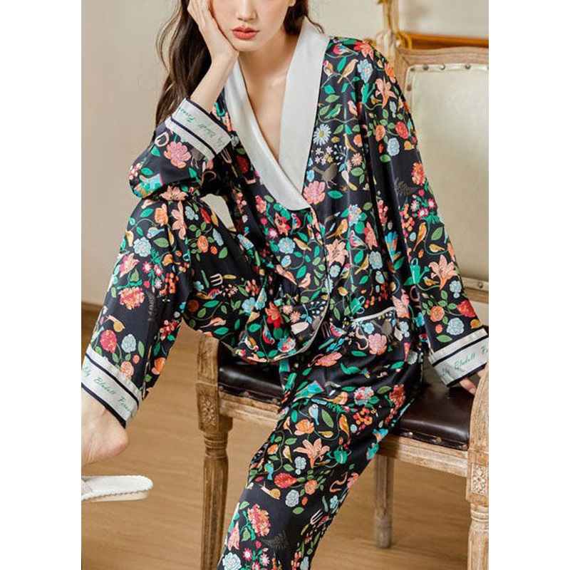 Women Black V Neck Print Pockets Ice Silk Pajamas Two Piece Suit Set Spring
