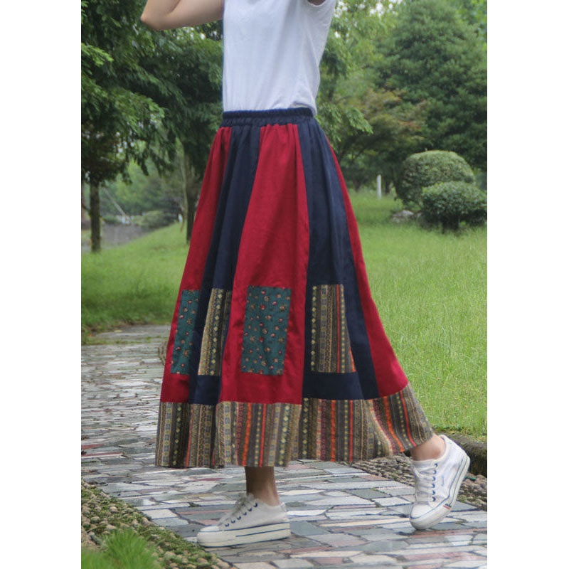 Women Colorblock Wrinkled Print Patchwork Elastic Waist Cotton Skirts Spring