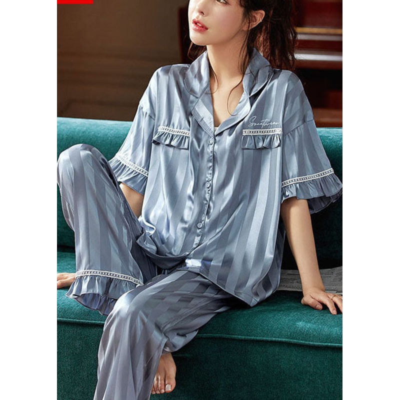 Women Light Blue Ruffled Striped Ice Silk Pajamas Two Pieces Set Short Sleeve