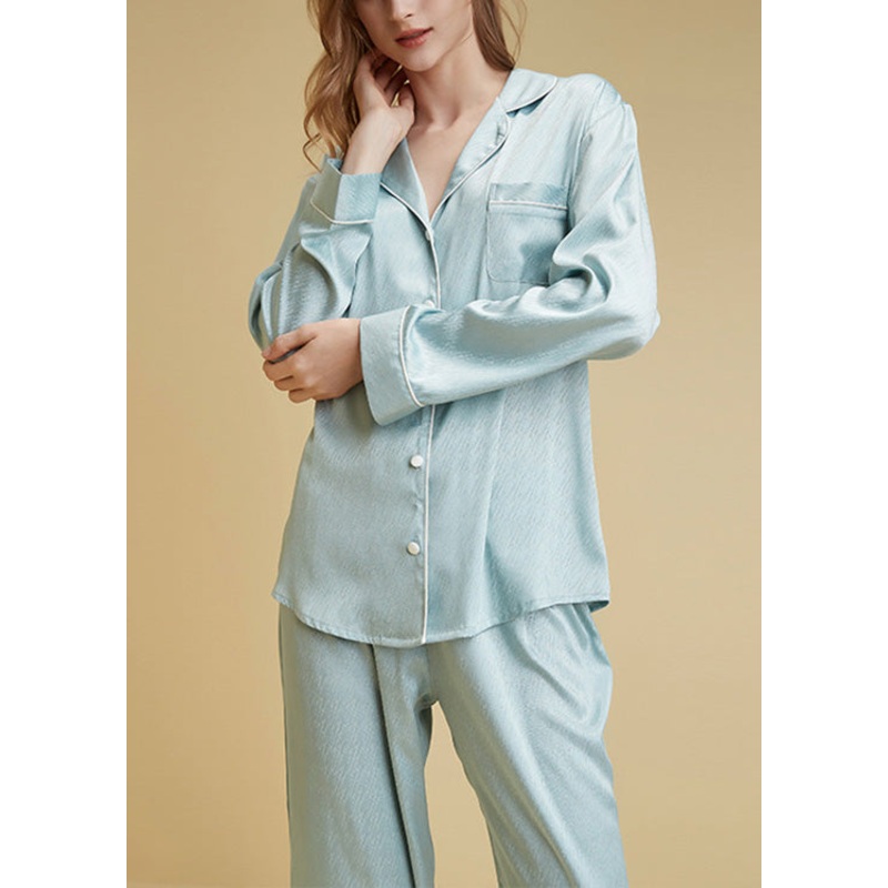 Women Light Blue V Neck Button Ice Silk Pajamas Two Pieces Set Long Sleeve