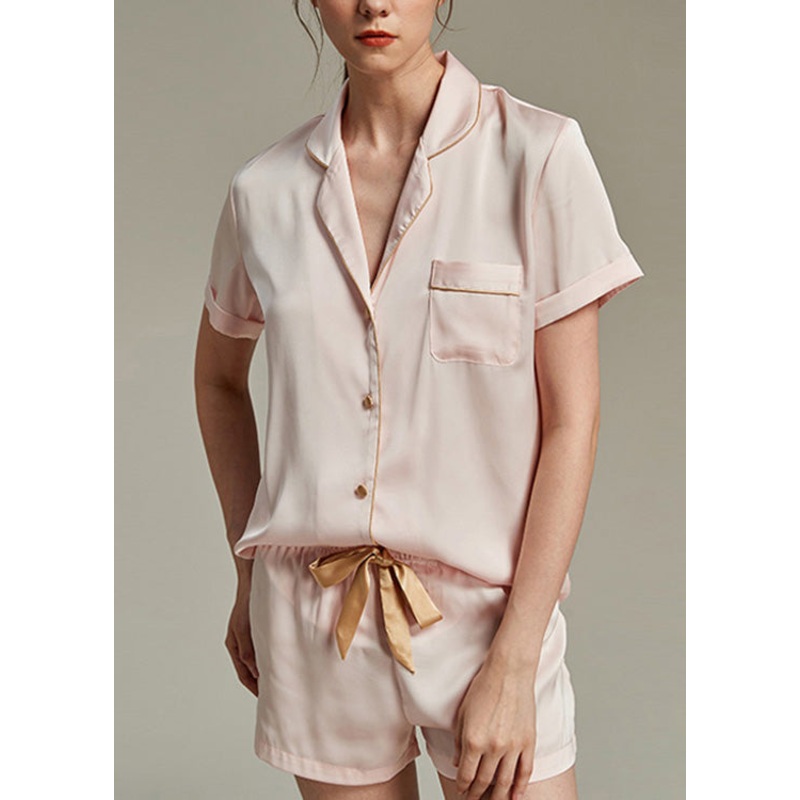 Women Pink Peter Pan Collar Button Ice Silk Pajamas Two Pieces Set Summer