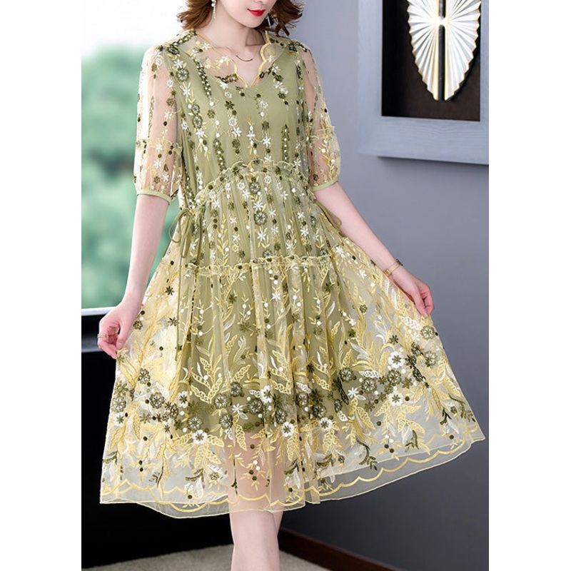 Women Yellow Embroideried Tulle Vacation Long Dresses Summer