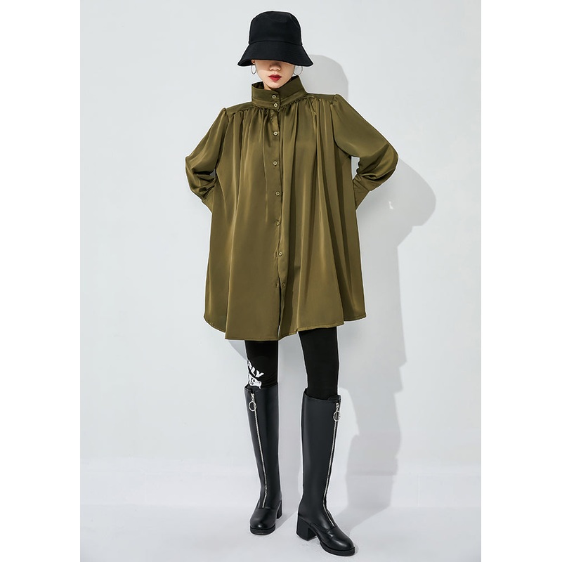 Army Green Draping Silk Shirt Top Oversized Wrinkled Spring