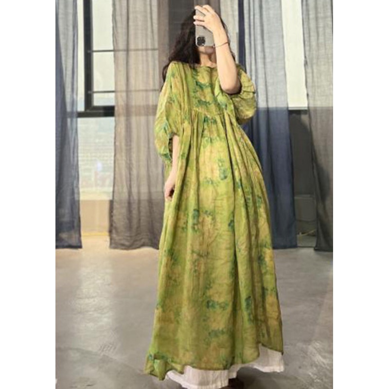 Art Green Oversized Patchwork Print Linen Long Dresses Summer