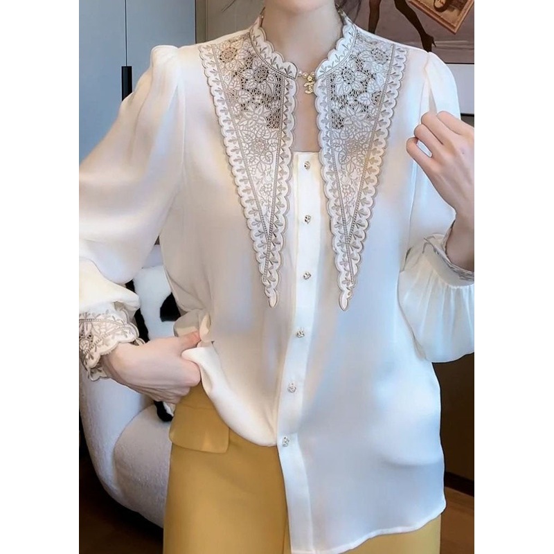 Art White Embroidered Patchwork Chiffon Blouses Spring