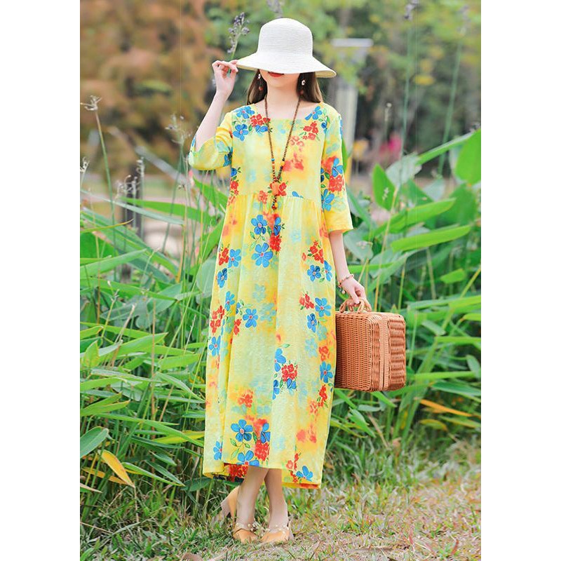 Art Yellow O-Neck Print Cotton Vacation Dresses Half Sleeve