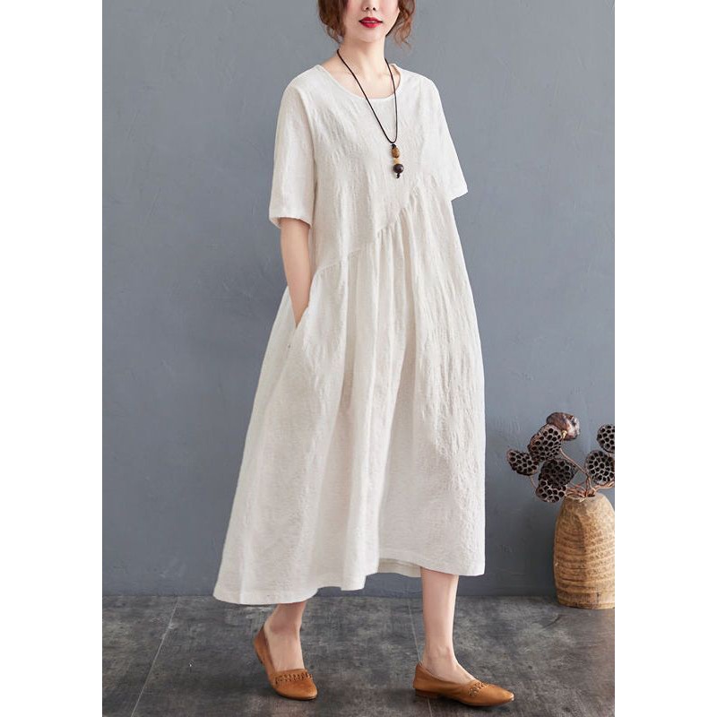 Beautiful Beige Asymmetrical Patchwork Wrinkled Cotton Vacation Dresses Summer