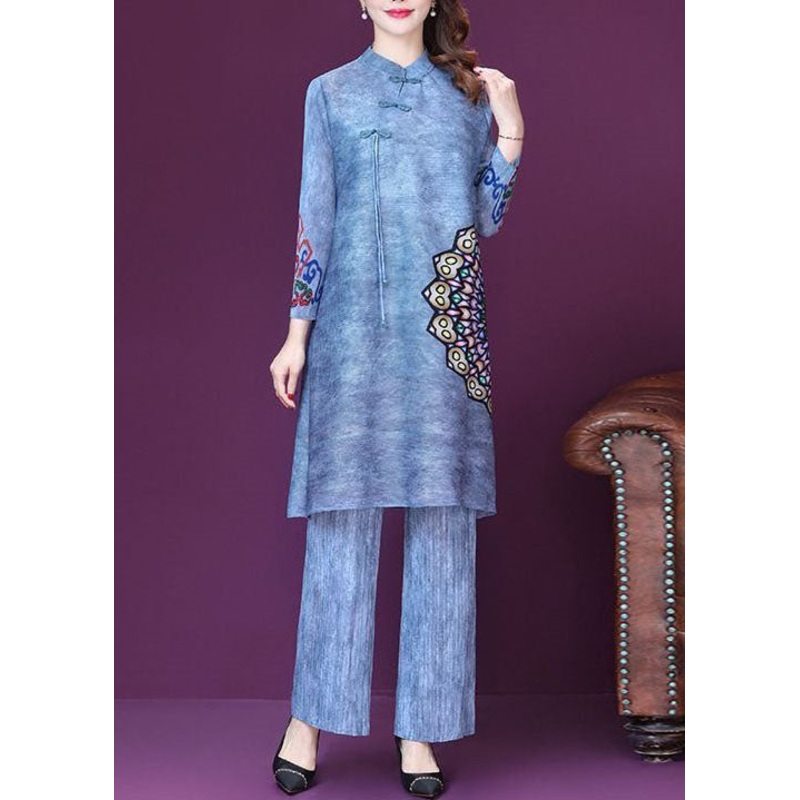 Beautiful Blue Tasseled Print Patchwork Silk Two Pieces Set Spring