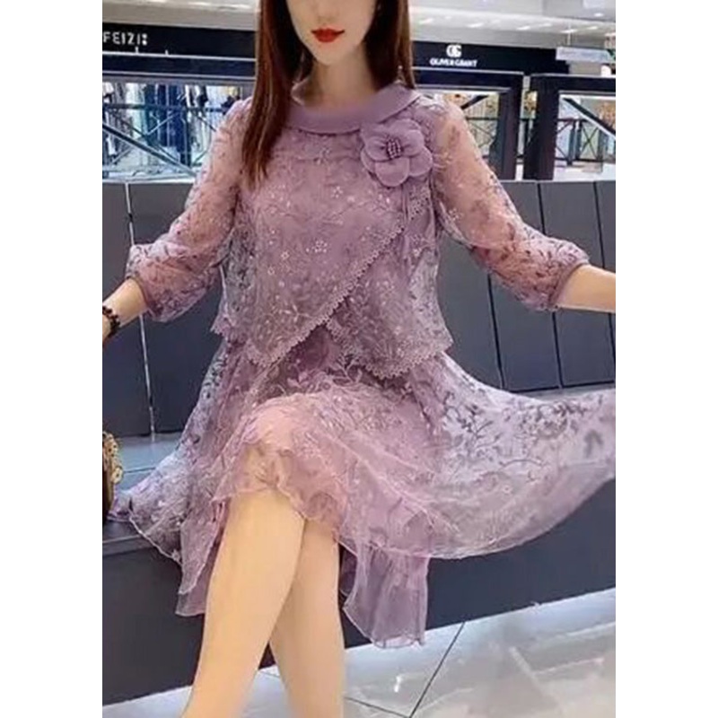 Beautiful Purple Embroidered Tulle Patchwork Fake Two Pieces Party Mid Dress Half Sleeve