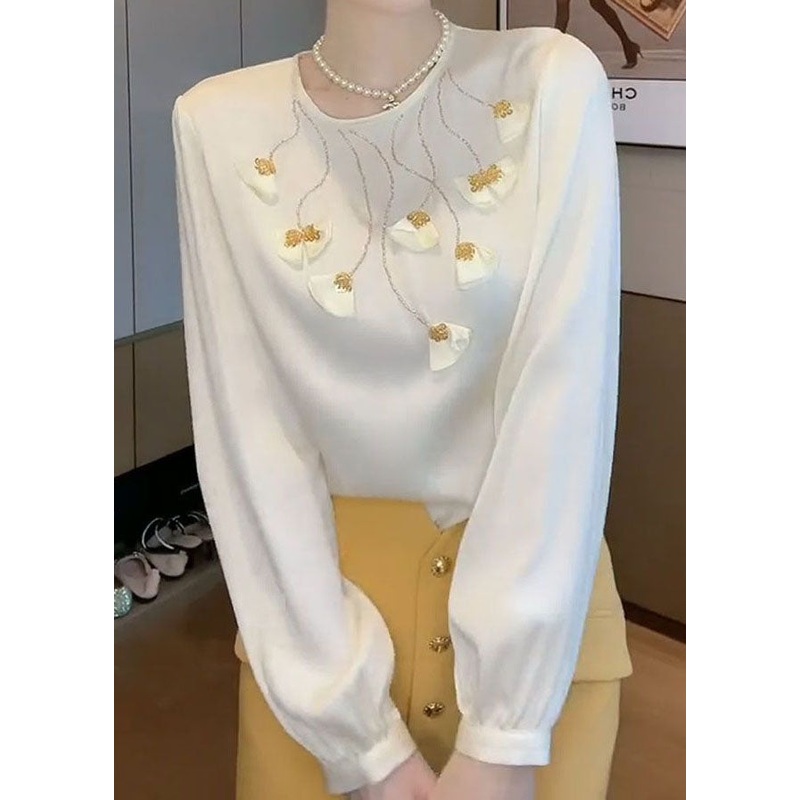 Beautiful White O Neck Patchwork Zircon Chiffon Shirts Spring