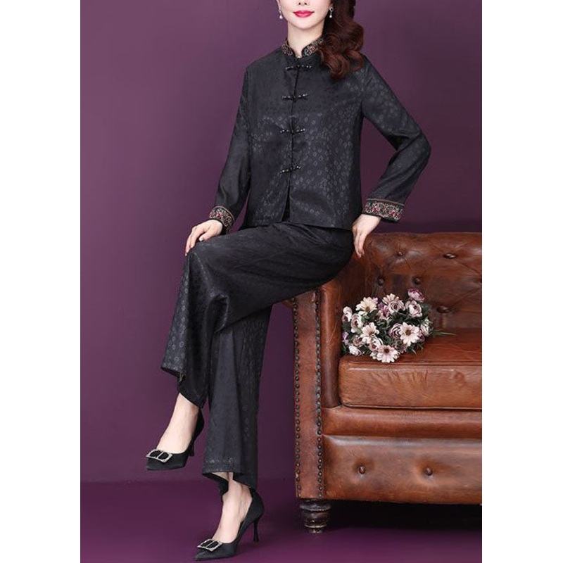 Black Print Patchwork Silk Two Pieces Set Stand Collar Spring