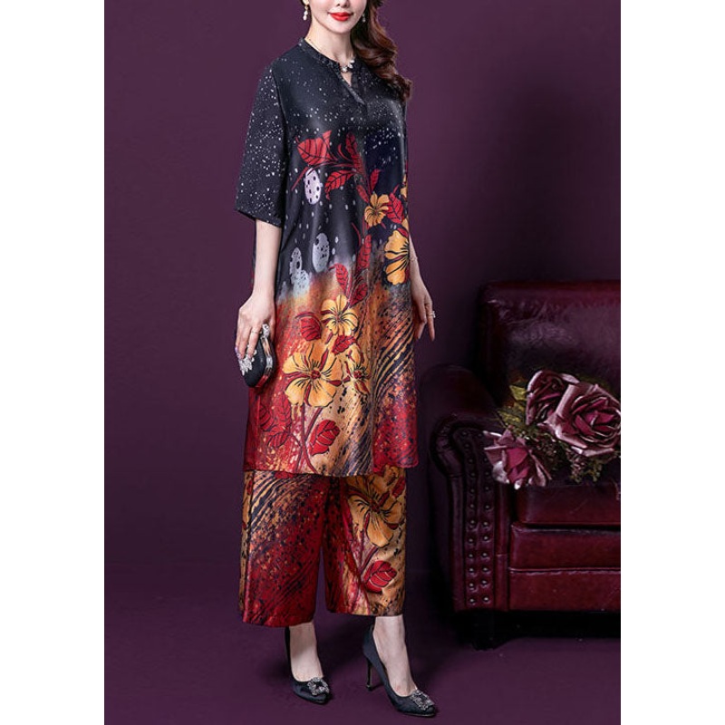 Black Print Patchwork Silk Two Pieces Set Stand Collar Summer