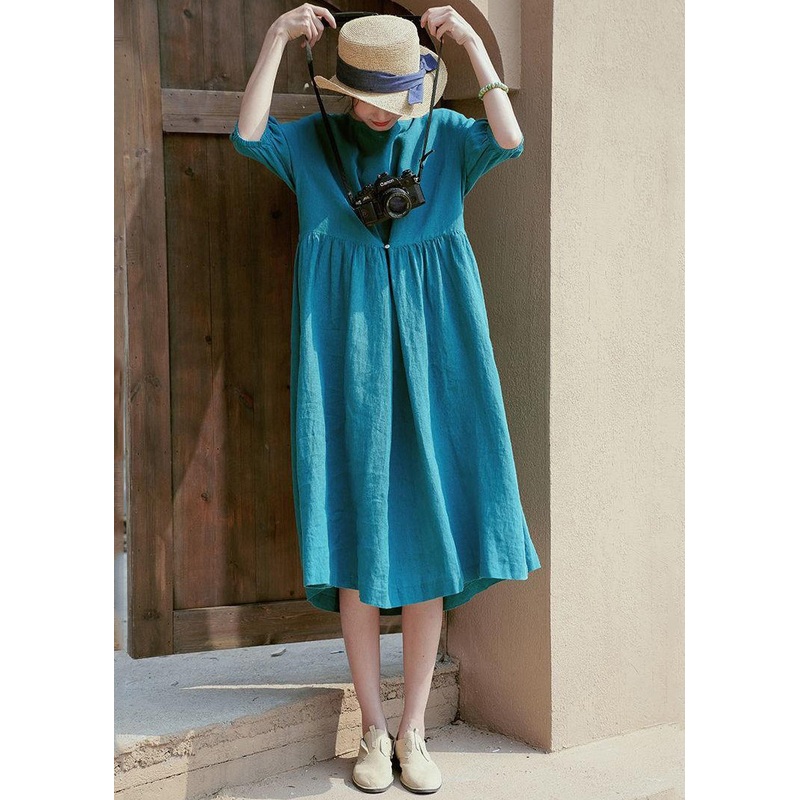 Blue Oversized Linen Maxi Dresses Button Wrinkled Half Sleeve