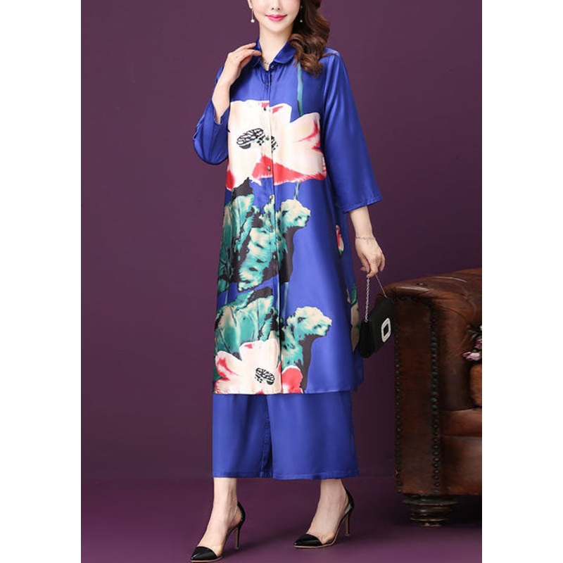 Blue Silk Two Pieces Set Tops And Pants Peter Pan Collar Summer
