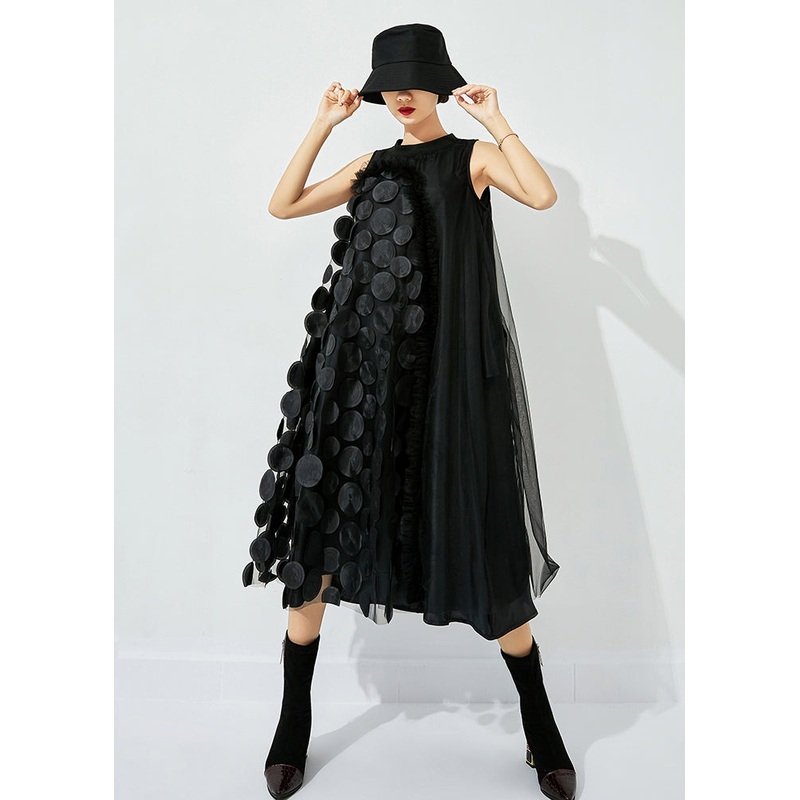 Bohemian Black Asymmetrica Patchwork Wrinkled Tulle Maxi Dress Sleeveless
