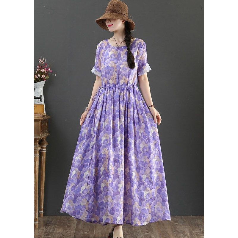 Bohemian Purple Cinched Print Extra Large Hem Cotton Dress Summer