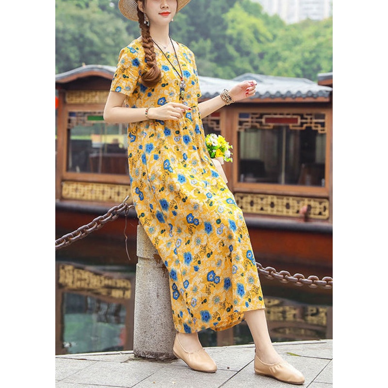 Bohemian Yellow O-Neck Print Cotton Dresses Short Sleeve