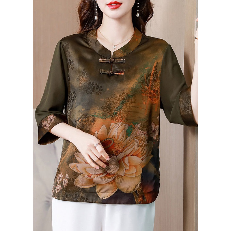 Boho Green O-Neck Print Button Silk Top Half Sleeve