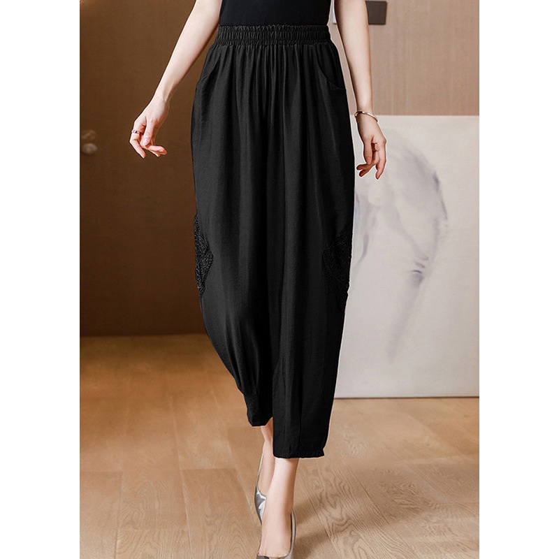 Casual Black Embroideried Floral Linen Crop Pants Spring