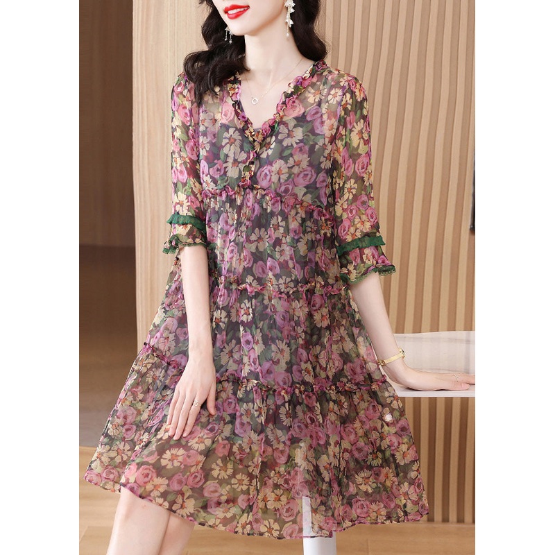 Casual V Neck Print Ruffled Silk Mid Dresses Short Sleeve
