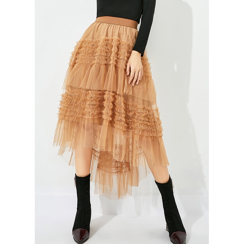 Casual Yellow Low High Design Patchwork Wrinkled Tulle Skirts Summer