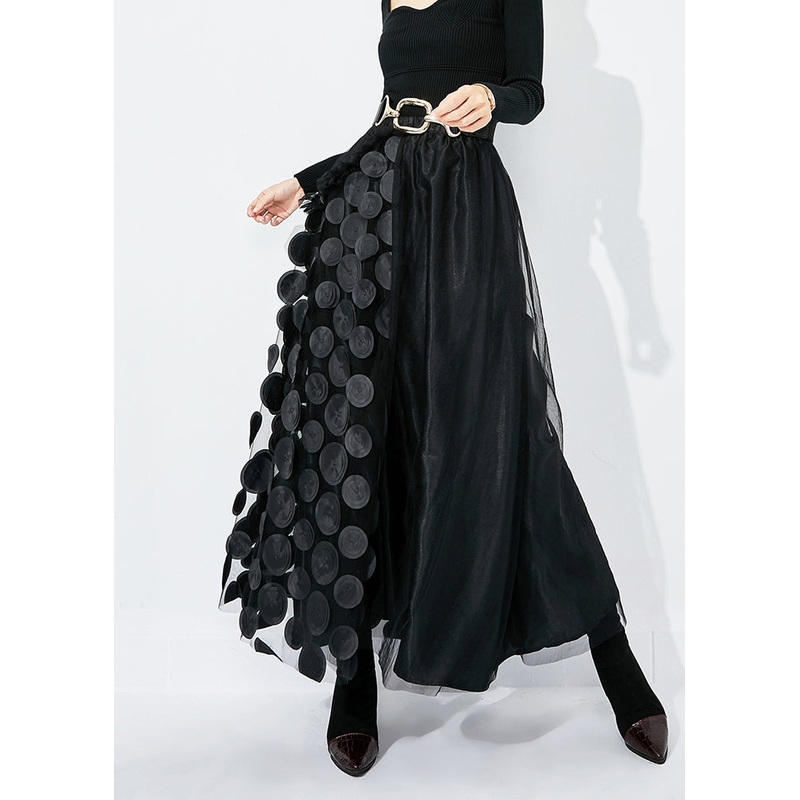 Chic Black Ruffled Patchwork Dot Tulle A Line Skirts Summer