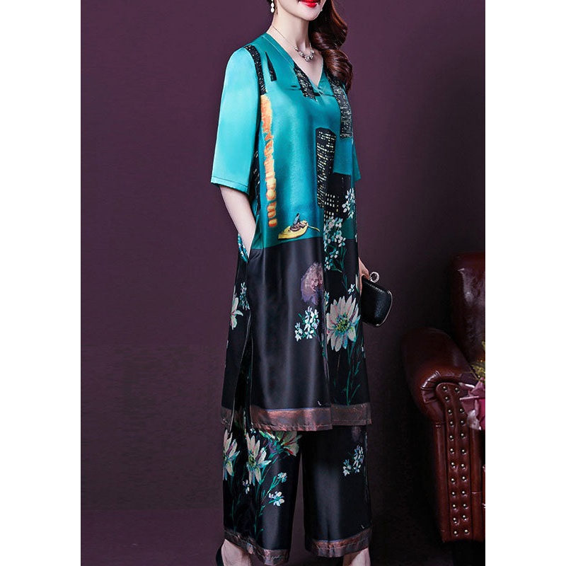 Chic Blue V Neck Print Patchwork Tops And Pants Silk Two Pieces Set Summer