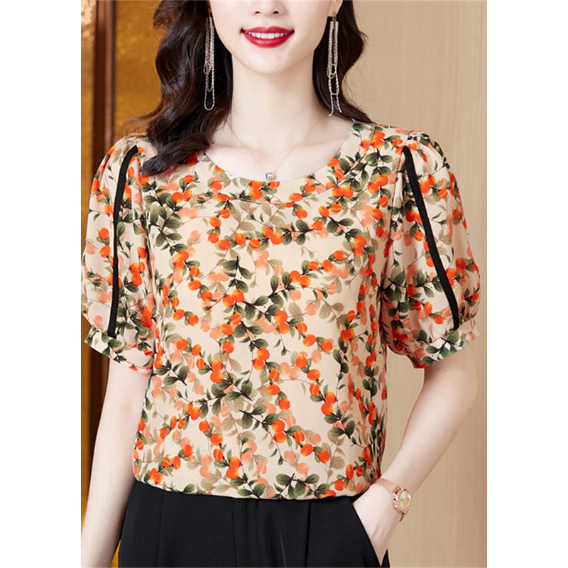 Chic Orange O-Neck Print Patchwork Chiffon Shirts Short Sleeve