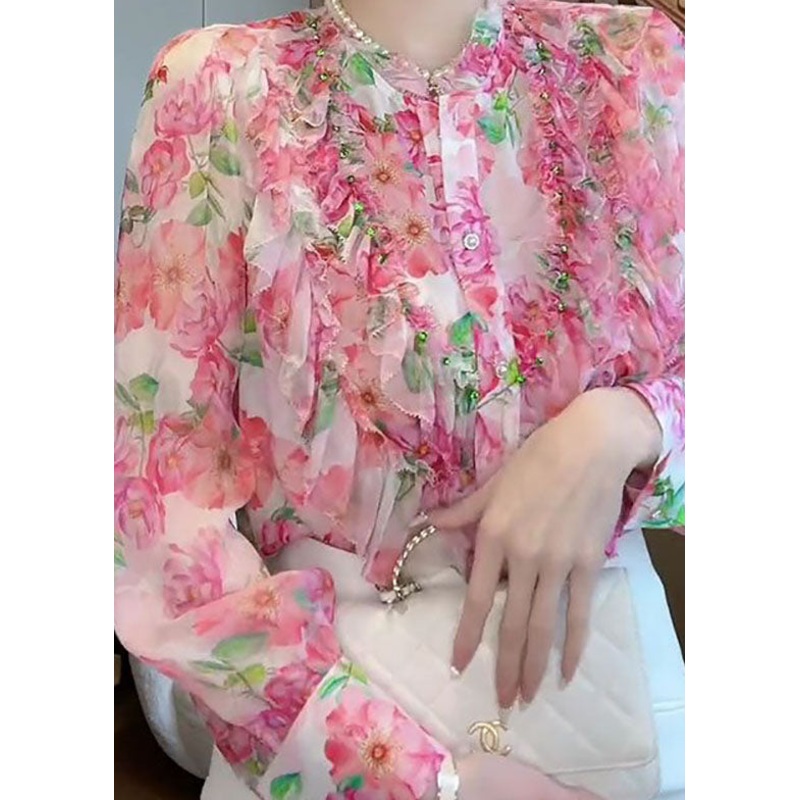 Chic Pink Stand Collar Ruffled Patchwork Print Silk Shirt Top Spring