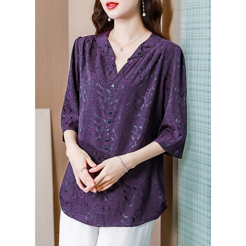 Chic Purple V Neck Print Silk Shirts Summer