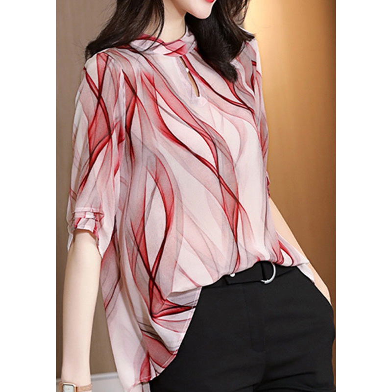 Chic Red Striped Stand Collar Low High Design Chiffon Shirts Summer