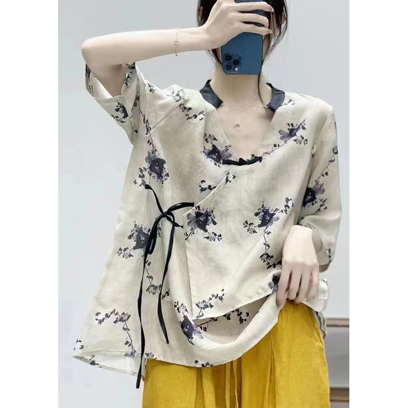 Chic White Asymmetrical Print Lace Up Linen Shirt Summer