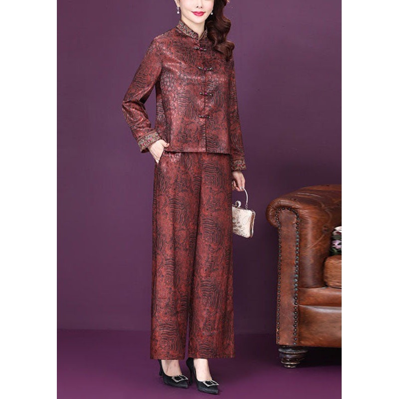 Chinese Style Red Print Tops And Pants Silk Two Pieces Set Spring