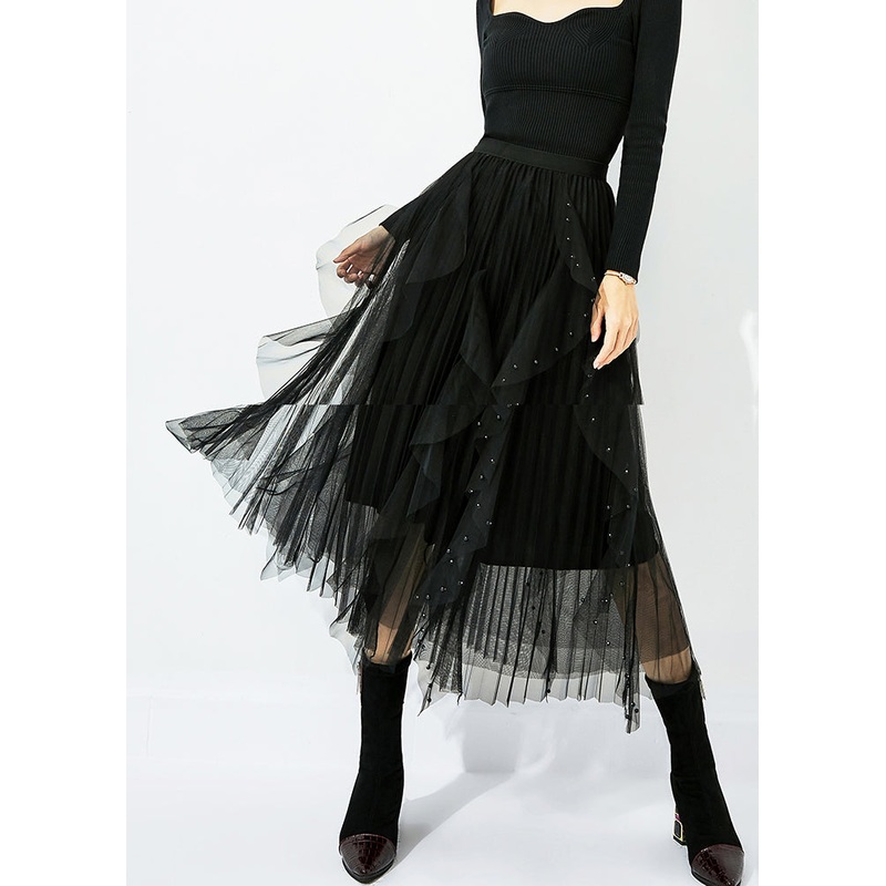 Classy Black Elastic Waist Ruffles Nail Bead Tulle Beach Skirts Summer