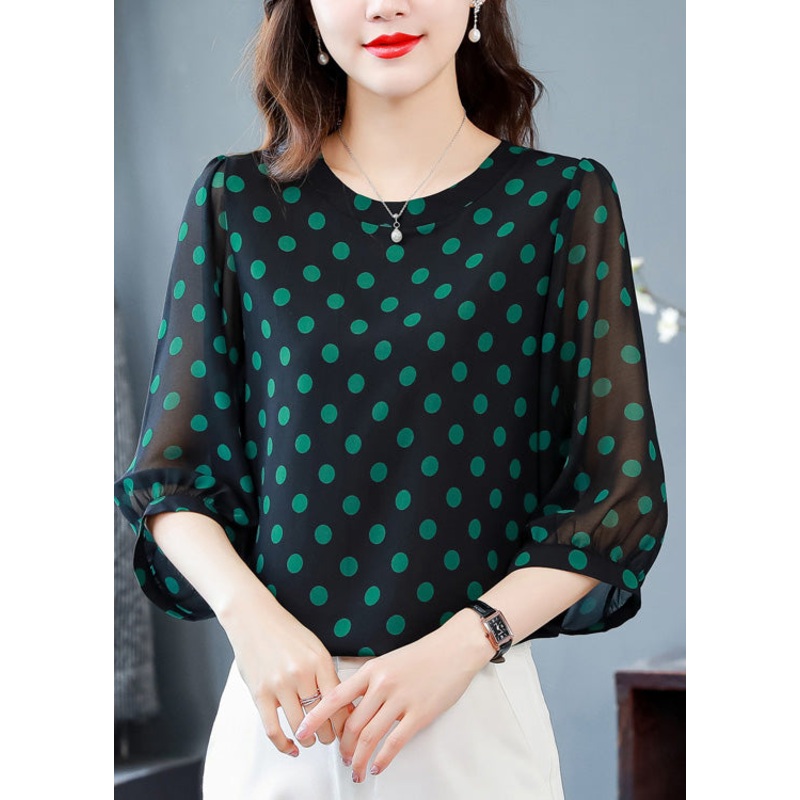 Classy Green O-Neck Dot Chiffon Top Spring