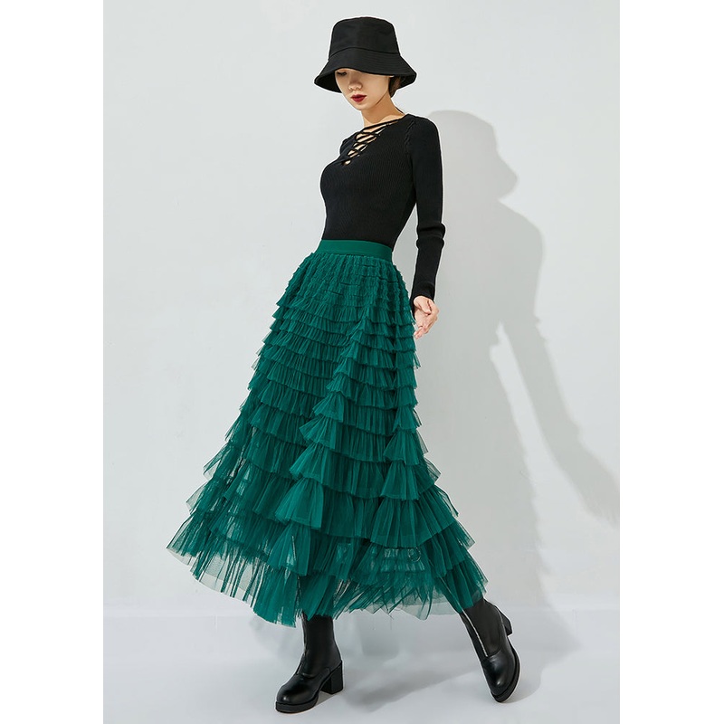 Classy Peacock Green Elastic Waist Layered Tulle Skirts Summer